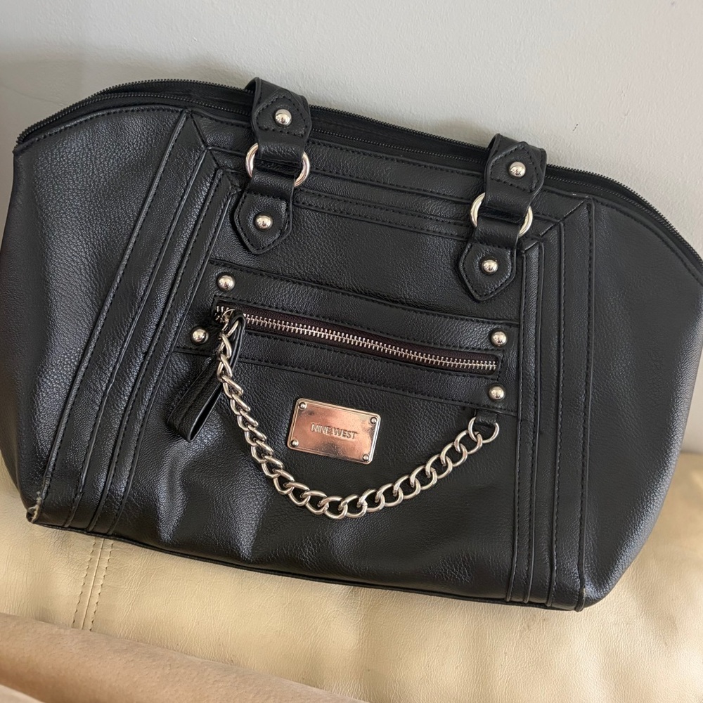 Nine West Faux Leather Black Shoulder Bag with Chain Detail - flawed